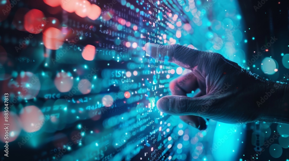 Poster Process, workflow and organizational tools are displayed visually on a screen. Developers touch the virtual interface with their fingers to complete the process.