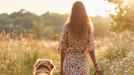 Bohemian Beauty: Stylish Woman with Golden Retriever in Sunlit Meadow