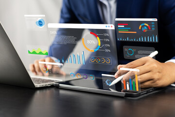 Analyst utilizing technology and dashboard with charts data science and Big Data technology for business, Strategic data management system with KPI organization performance with technology and metrics