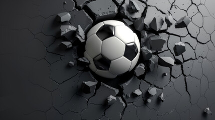 The ball is partially embedded in the wall, with debris and cracks radiating outward, creating a sense of explosive action.