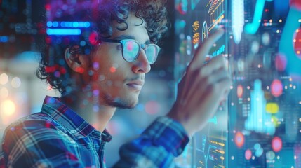 Green Energy and Solar Panels Future Possibilities. Sustainable Energy Education Concept. Engineer points to big screen.