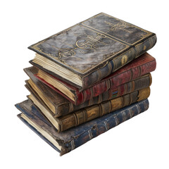 A stack of antique books with worn leather covers and gilded edges.