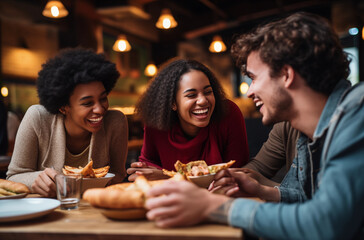 Group of friends enjoying a meal together at a cozy restaurant, laughing and having a good time