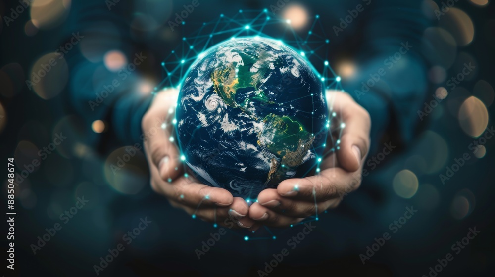 Leinwandbilder in this metaverse universe, a night-time earth is growing, there is a network connection with data e