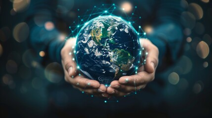 Fototapeta premium In this metaverse universe, a night-time earth is growing, there is a network connection with data exchange, and a concept of security for communication networks exists.