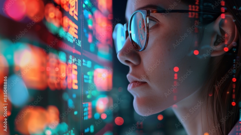 Leinwandbilder In glasses, women read HTML scripts and programs, plus cyber security research, data analytics, and holograms of data. In glasses, coding and IT people read html scripts and programs.