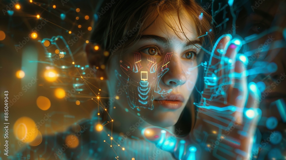 Poster a futuristic metaverse virtual world where you can touch objects and experience them.