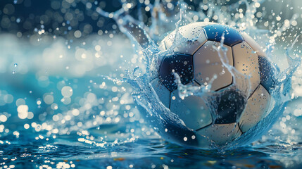 Fototapeta premium The combination of the soccer ball and the swirling water particles creates a striking visual that emphasizes the sport's dynamism and excitement.