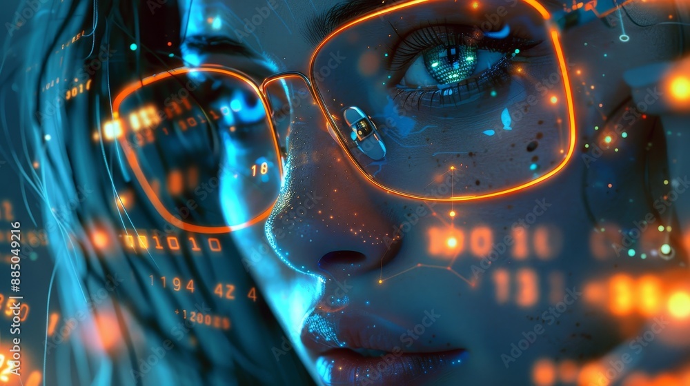 Poster Data analytics, digital technology, and cybersecurity person on a 3D screen. Code hologram and woman on tablet thinking about data analytics, digital technology, and cybersecurity.