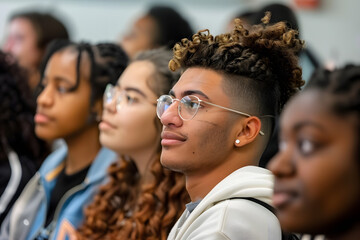 A diverse group of students attending a financial literacy seminar learning about budgeting.