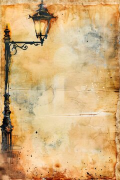 watercolor vintage scrapbook junk journal page, copy space in center, watercolor clipart of lamp pole at corner border on parchment paper, vintage art, for Junk Journal, Digital Paper, Printable 