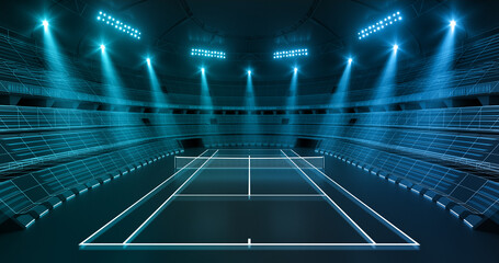 Futuristic tennis arena at night with shining spotlights and thrilling atmosphere before sport event. Tennis court illustration as sport background for advertising. © LeArchitecto