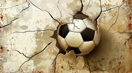 The ball is partially embedded in the wall, with debris and cracks radiating outward, creating a sense of explosive action.