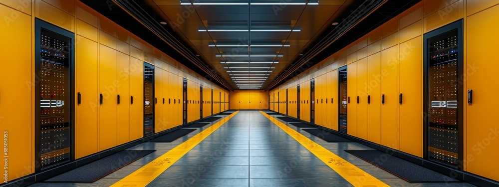 Poster a high-tech yellow room with rows of servers and advanced cooling systems.