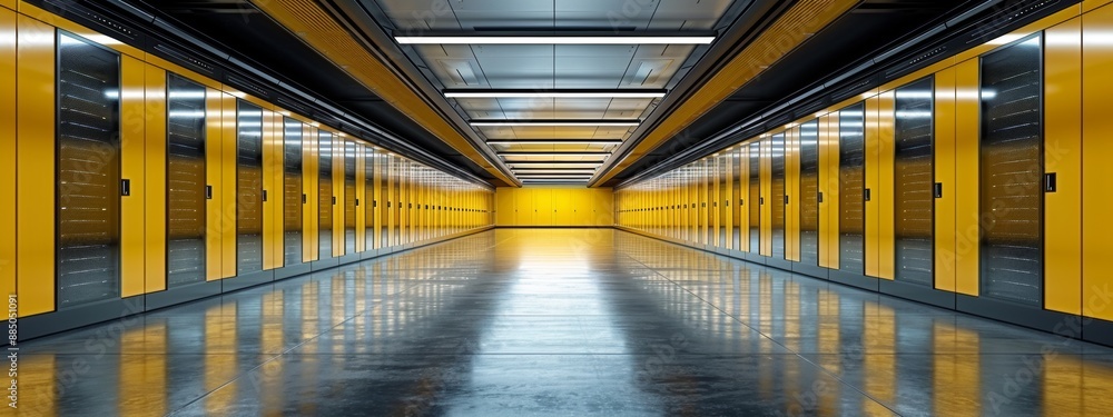 Poster a high-tech yellow room with rows of servers and advanced cooling systems.
