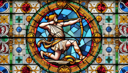 Obraz premium Vibrant Stained Glass Artwork Depicting Greek God in Archery Competition