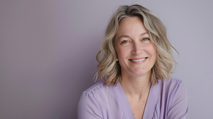 Fototapeta premium Serene Portrait of a Mid-30s Woman with Inviting Smile Against Lavender Backdrop