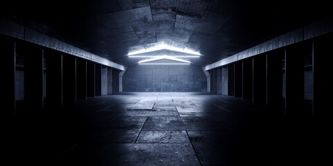 Modern Stage Empty Concrete Cement Grunge Warehouse Barn Tunnel Corridor Underground Cyber Hangar Showroom Background Spaceship 3D Rendering