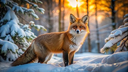 Fototapeta premium A solitary, rust-colored fox with bushy tail and cunning gaze pauses in a snowy forest landscape at dawn.