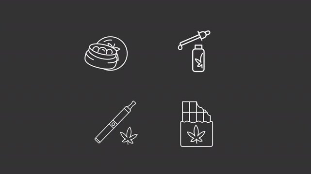 Animated cbd products white icons. Cannabis usability line animation library. Marijuana tincture, vape pod. Isolated illustrations on dark background. Transition alpha. HD video. Icon pack