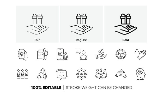 Face detect, Donation money and Job interview line icons. Pack of Electric app, Use gloves, Employee result icon. Discrimination, Users chat, Equity pictogram. Smile face, Meeting, Phone video. Vector
