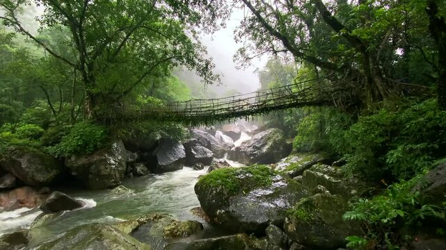 Single Living roots bridge in nongriat village in cherrapunjee meghalaya India. This bridge is formed by training tree roots over years to knit together.