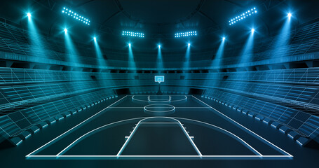 Futuristic basketball arena at night with shining spotlights and thrilling atmosphere before sport event. Basketball court illustration as sport background for advertising. © LeArchitecto