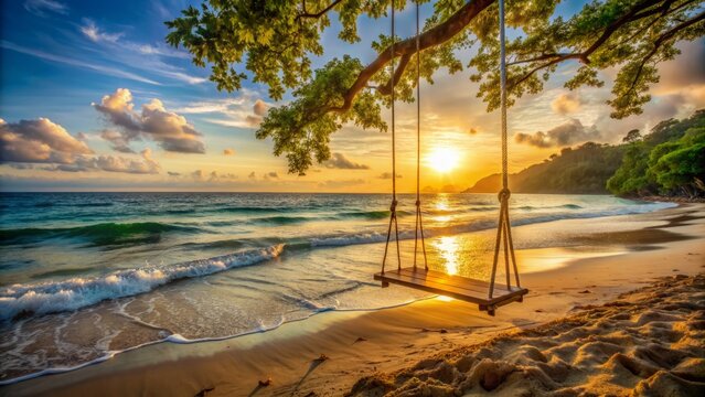 Serene beach scene featuring a romantic swing set gently swaying in harmony with the calm ocean waves and warm sunlight.
