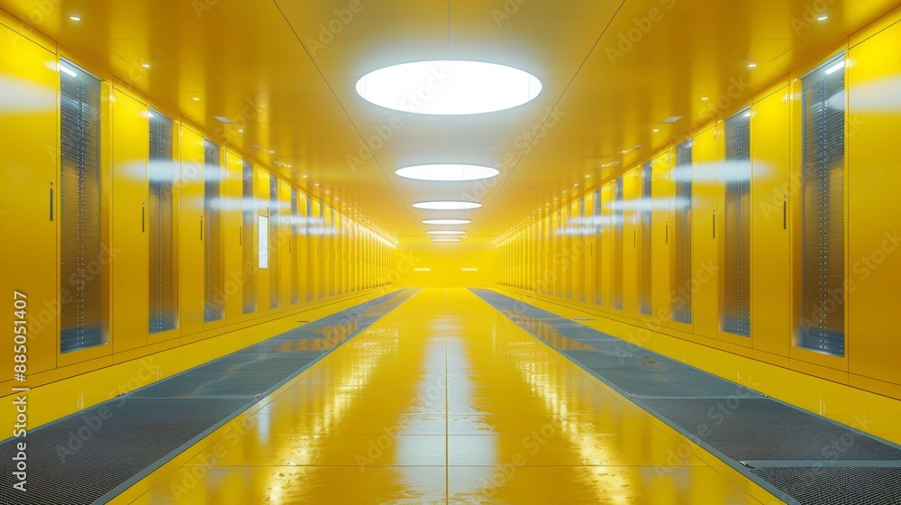 Poster a high-tech yellow room with rows of servers and advanced cooling systems.