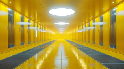 A high-tech yellow room with rows of servers and advanced cooling systems.
