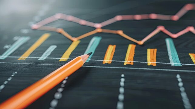 Closeup of a pencil on a chalkboard with colorful bar and line charts, representing financial data analysis and business growth.