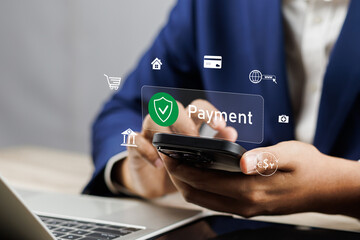 Digital Banking and Online Payment Concept. Man using mobile phone for transactions and online...