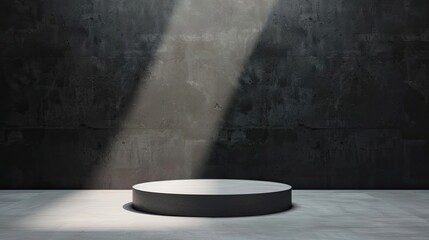 Empty dark concrete room with round podium illuminated by light, modern minimalistic interior design, showcase display.
