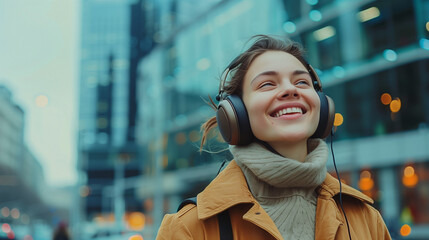 Beautiful woman walking while smiling using headphones, Ai generated Images