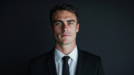 Confident Young Man in Stylish Black Suit Against Dramatic Backdrop