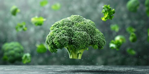 Minimalistic and luxurious ad showcasing a single perfect broccoli, ideal for fresh produce promotions,
