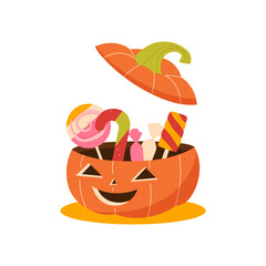 cute pumpkin head with halloween sweets. cute pumpkin on white background with sweets