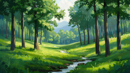 Fototapeta premium Serene forest landscape with a winding stream under sunlight, surrounded by lush greenery and tall trees, providing a tranquil natural setting.
