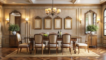 Elegant contemporary Mediterranean-style dining room with cream walls, wooden furniture, and ornate fixtures, featuring 4 vertical frames mock up.