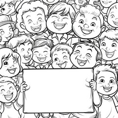 Black and white illustration of diverse kids holding a big blank banner, with cheerful and laughing expressions