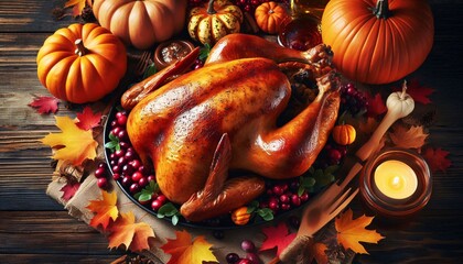 Naklejka premium Thanks giving turkey dish with pumpkins and berries -AI generated image