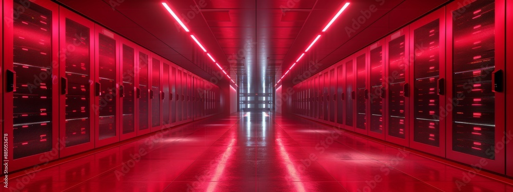 Poster a high-tech red room with rows of servers and advanced cooling systems.