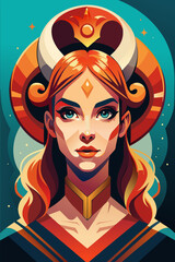 Artwork shows a woman with horns as a prominent feature in pixel art