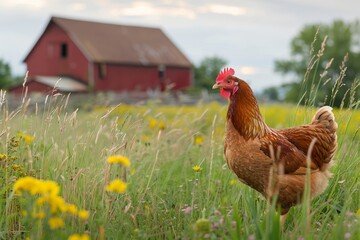 A serene summer scene in the countryside featuring chickens pecking in a lush green field, with a picturesque red barn in the background under a clear blue sky.