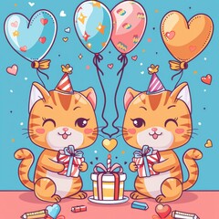 Cute cats celebrating Valentine's Day or a birthday, funny kittens with colorful gifts and balloons, full of joy