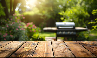 Empty wooden table for product placement or montage with grilled barbeque backyard garden home background.