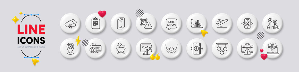 Chin, Clipboard and Wallet line icons. White buttons 3d icons. Pack of Qr code, Plane, Diagram graph icon. Ceiling lamp, Ab testing, Fake news pictogram. Vector