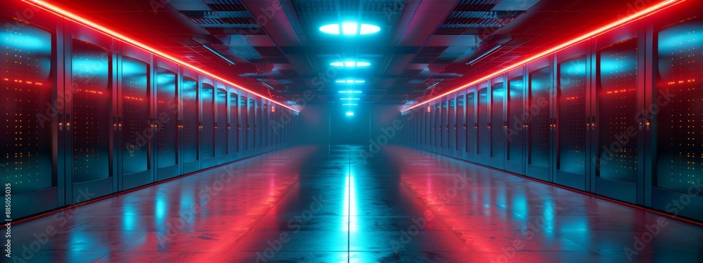 Aufkleber a high-tech cyan red room with rows of servers and advanced cooling systems.