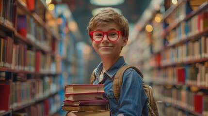Young boy with red glasses smiles in library, holding stack of books, surrounded by shelves full of colorful books.