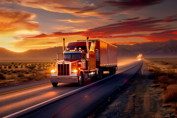 Trucks and highway at sunset, transportation background, 3d rendering